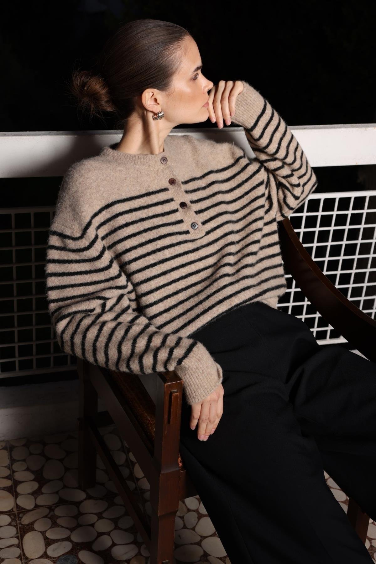 Kadın Yün Karışımlı Düğme Detay Premium Triko Kazak Kahve vizon